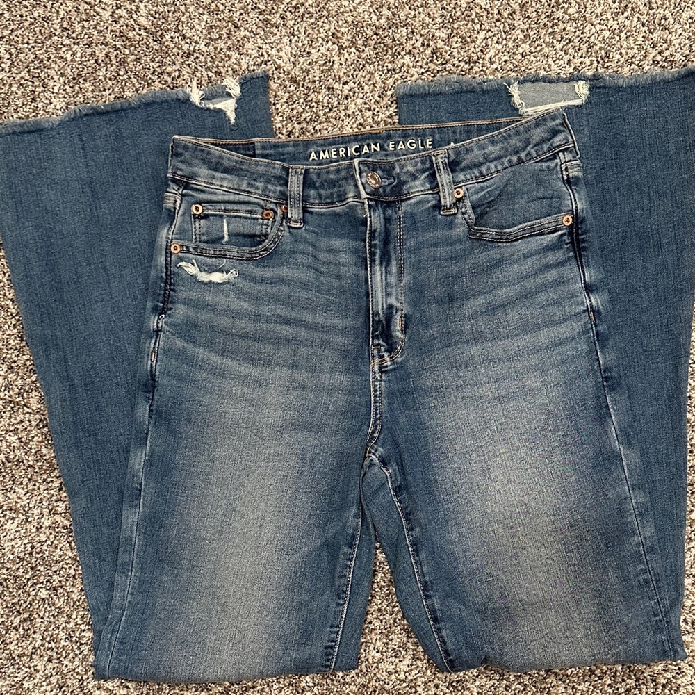 American Eagle Outfitters Blue Straight Leg Jeans with Distressed Finish